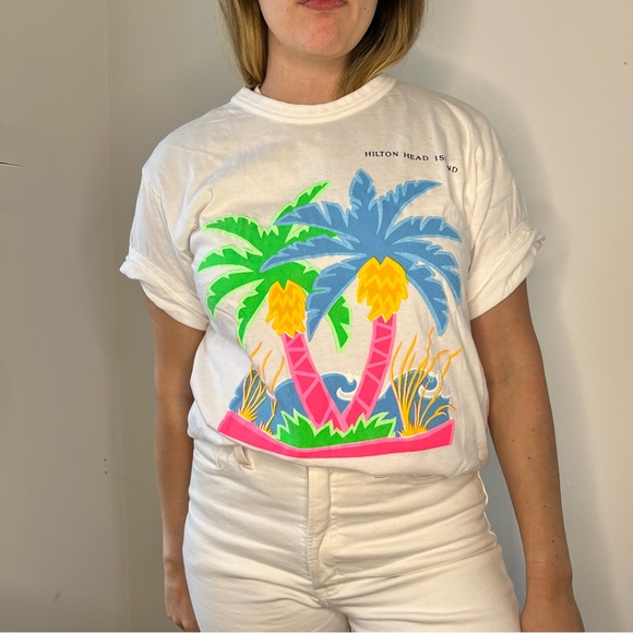 Vintage Tops - Vintage Hilton Head Island Neon Palm Tree Tee